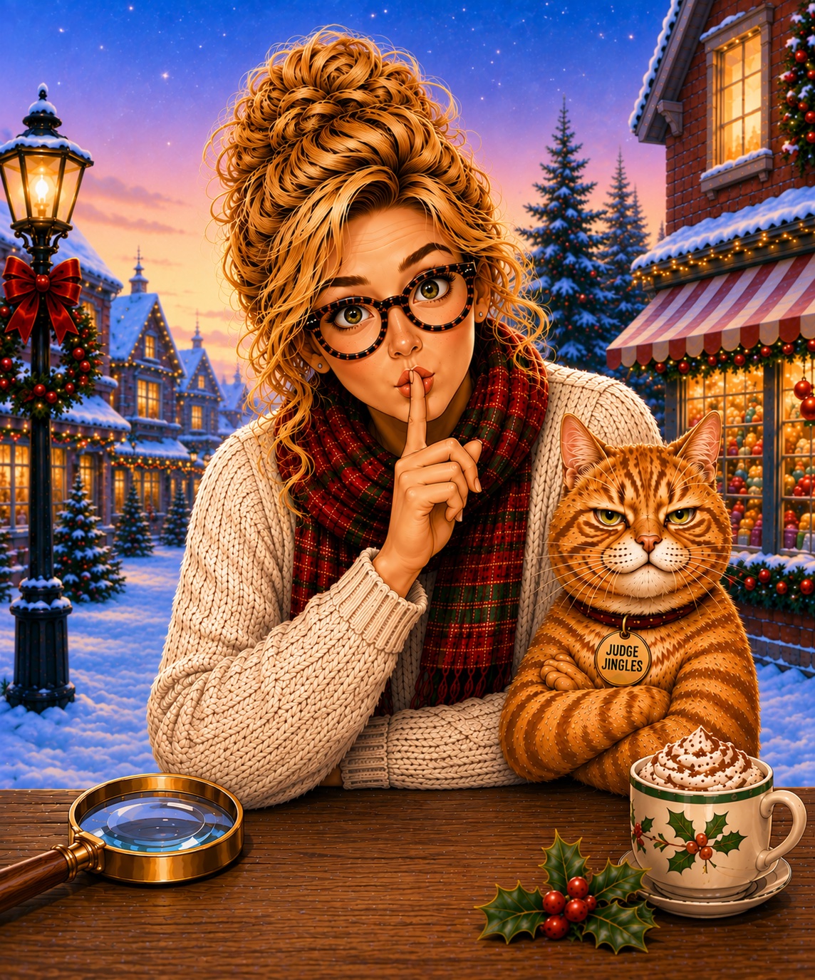 Emma Fizzlewick and Judge Jingles sharing a secret on a snowy Christmas street in Holly Falls