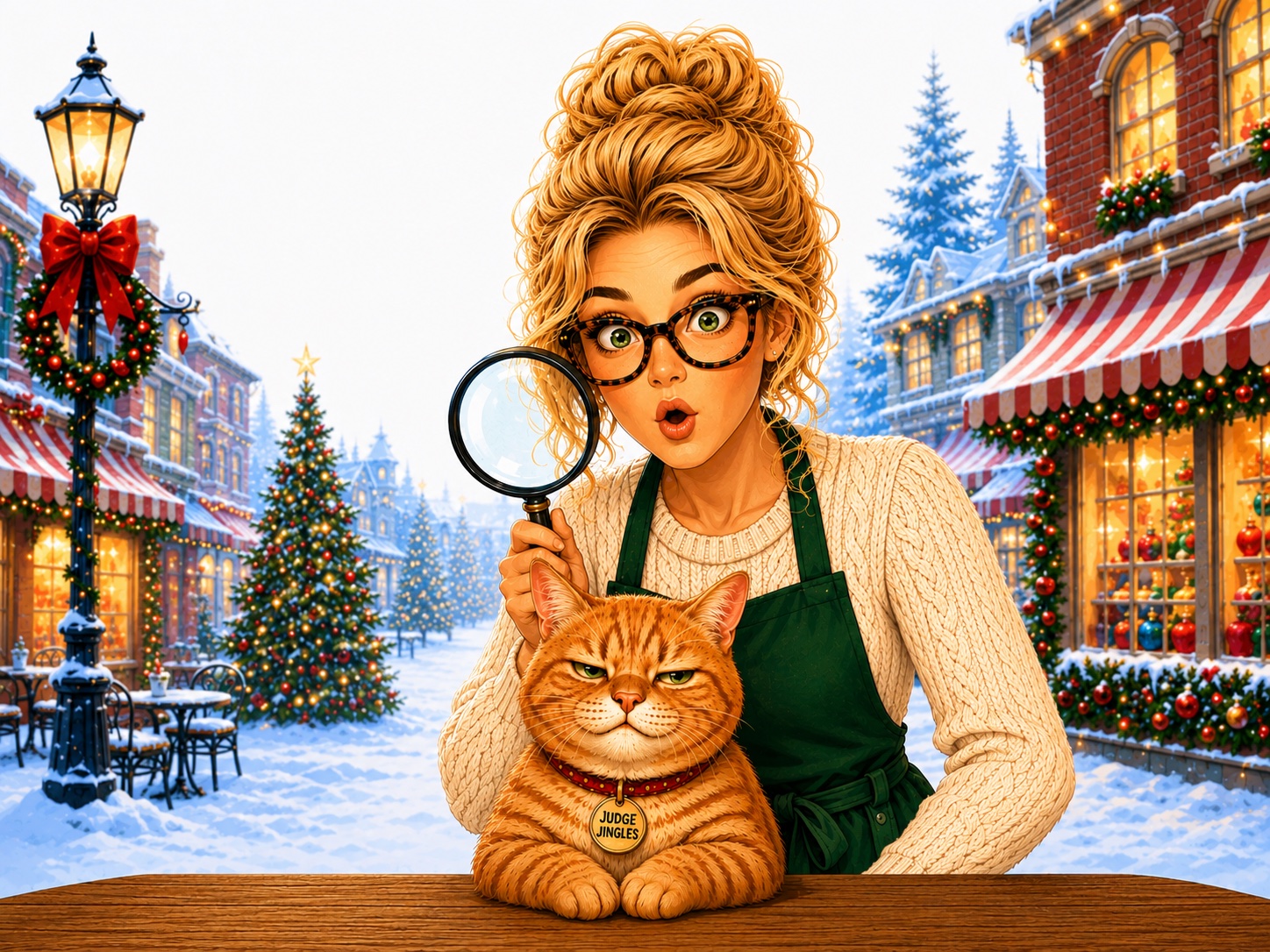 Emma Fizzlewick investigating with a magnifying glass beside Judge Jingles on a snowy Kringle Avenue